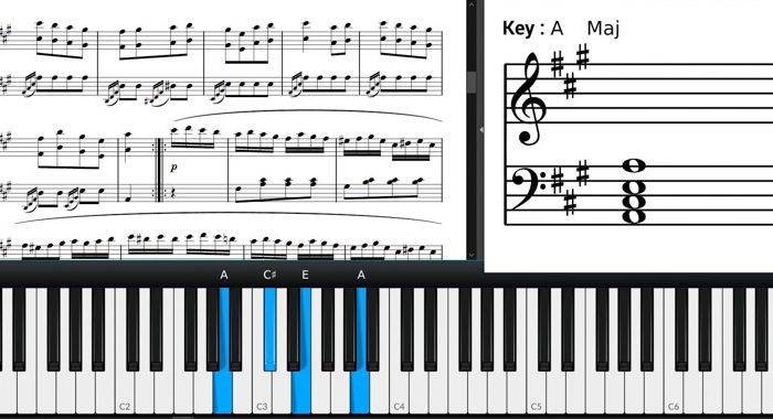 Screen shot of Piano keys and sheet music